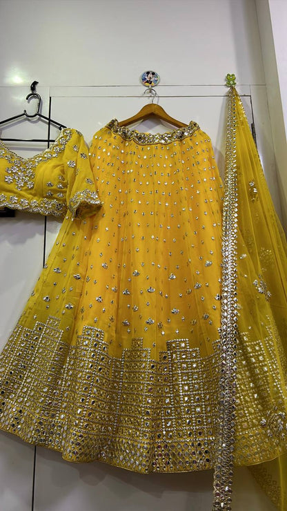 Yellow Georgette Lehenga Choli with Paper Mirror Work | Bridal & Party Wear Lehenga Set with Dupatta
