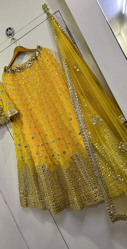 Yellow Georgette Lehenga Choli with Paper Mirror Work | Bridal & Party Wear Lehenga Set with Dupatta