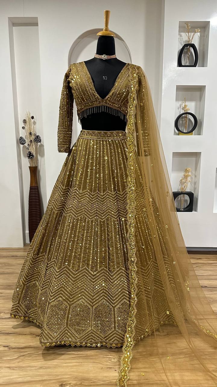 Kasturi Silk Georgette Lehenga Choli with Sequins & Dori Work | 4.5m Flair | Net Dupatta | Ready to Ship