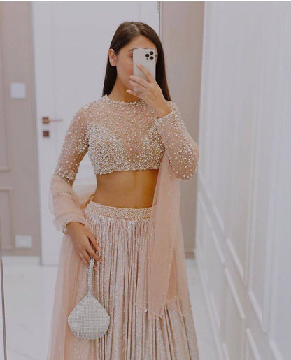 Champagne Peach Sequin Satin Silk Lehenga Choli with Pearl Work | Party & Reception Wear