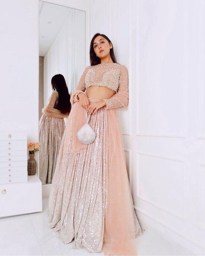 Champagne Peach Sequin Satin Silk Lehenga Choli with Pearl Work | Party & Reception Wear