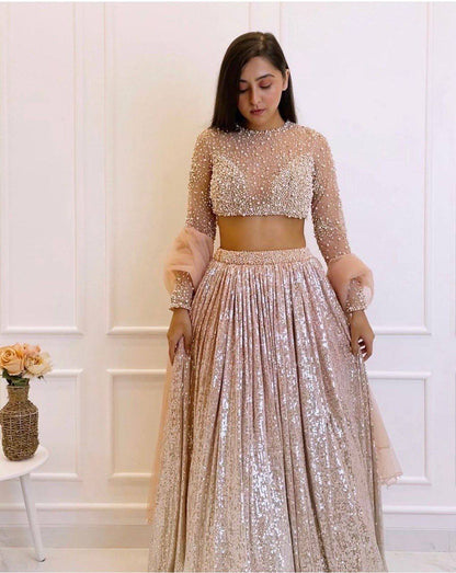 Champagne Peach Sequin Satin Silk Lehenga Choli with Pearl Work | Party & Reception Wear