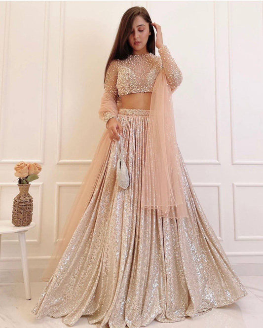 Champagne Peach Sequin Satin Silk Lehenga Choli with Pearl Work | Party & Reception Wear