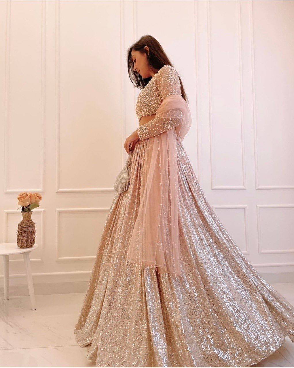 Champagne Peach Sequin Satin Silk Lehenga Choli with Pearl Work | Party & Reception Wear