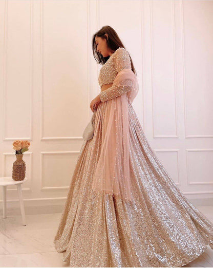 Champagne Peach Sequin Satin Silk Lehenga Choli with Pearl Work | Party & Reception Wear