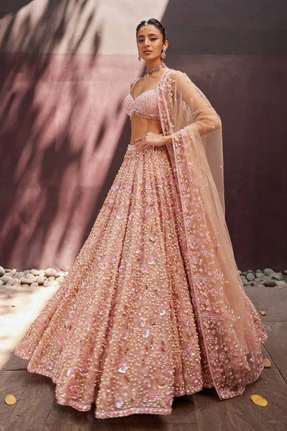 Pastel Peach Georgette Lehenga with Pearls, Sequins & Dori Work | Designer Wedding & Party Wear Choli Set