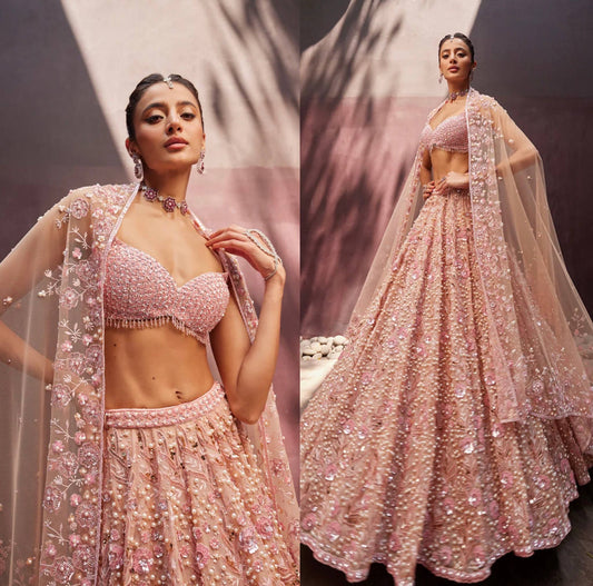 Pastel Peach Georgette Lehenga with Pearls, Sequins & Dori Work | Designer Wedding & Party Wear Choli Set