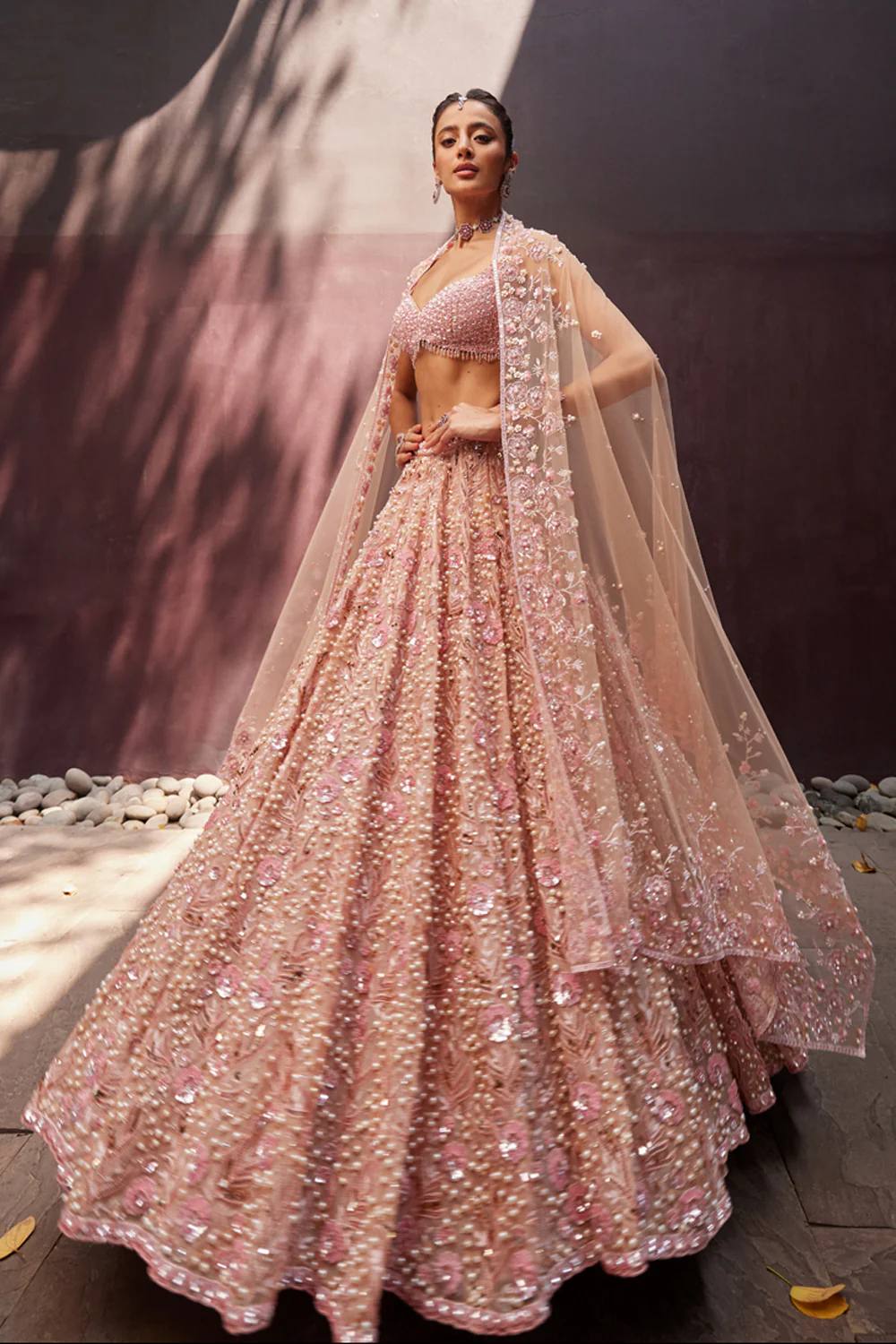 Pastel Peach Georgette Lehenga with Pearls, Sequins & Dori Work | Designer Wedding & Party Wear Choli Set