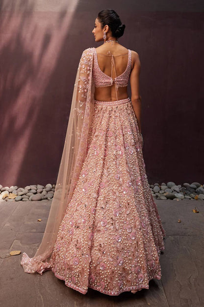 Pastel Peach Georgette Lehenga with Pearls, Sequins & Dori Work | Designer Wedding & Party Wear Choli Set