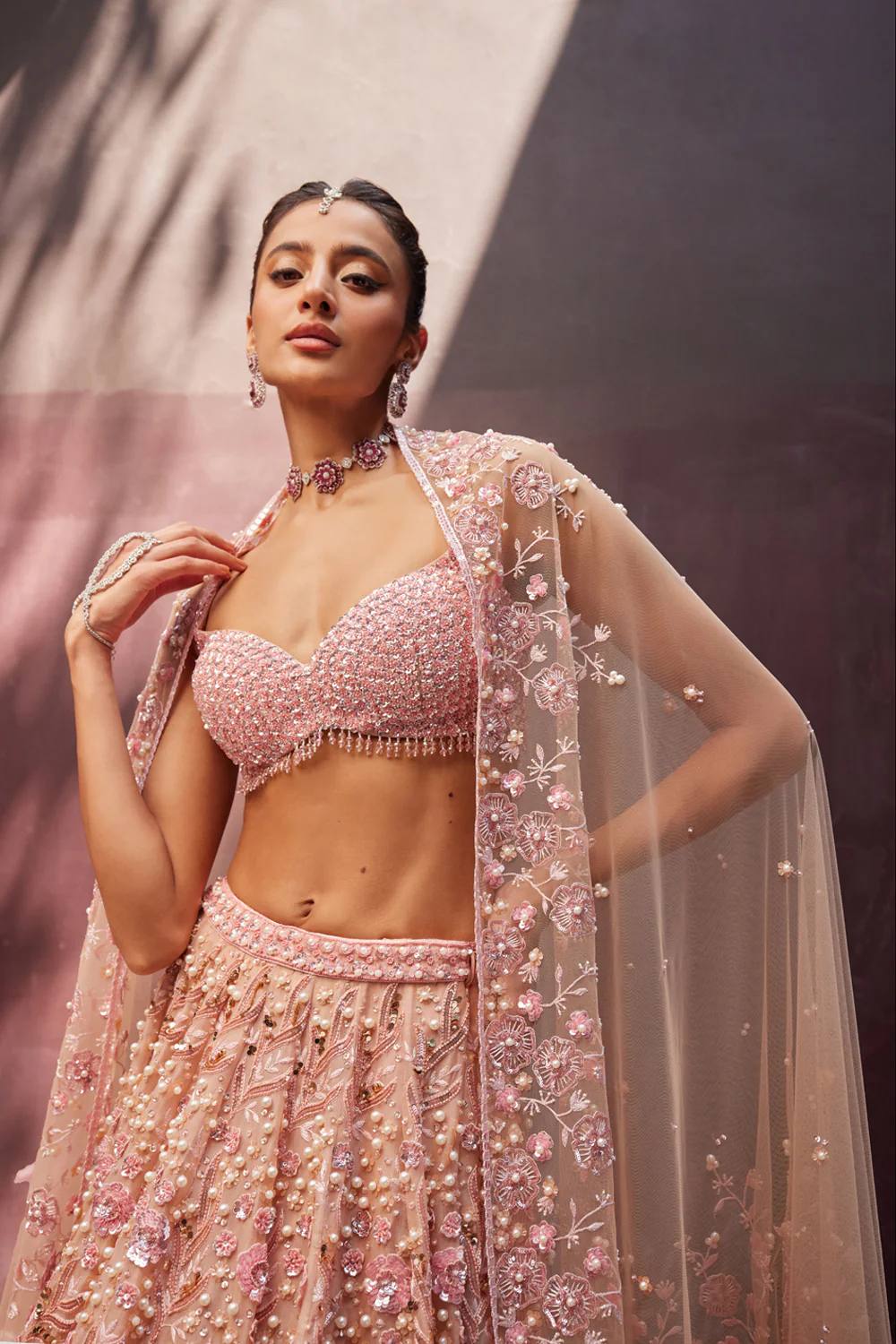 Pastel Peach Georgette Lehenga with Pearls, Sequins & Dori Work | Designer Wedding & Party Wear Choli Set