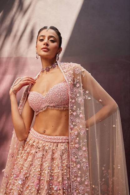 Pastel Peach Georgette Lehenga with Pearls, Sequins & Dori Work | Designer Wedding & Party Wear Choli Set
