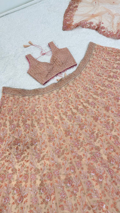 Pastel Peach Georgette Lehenga with Pearls, Sequins & Dori Work | Designer Wedding & Party Wear Choli Set