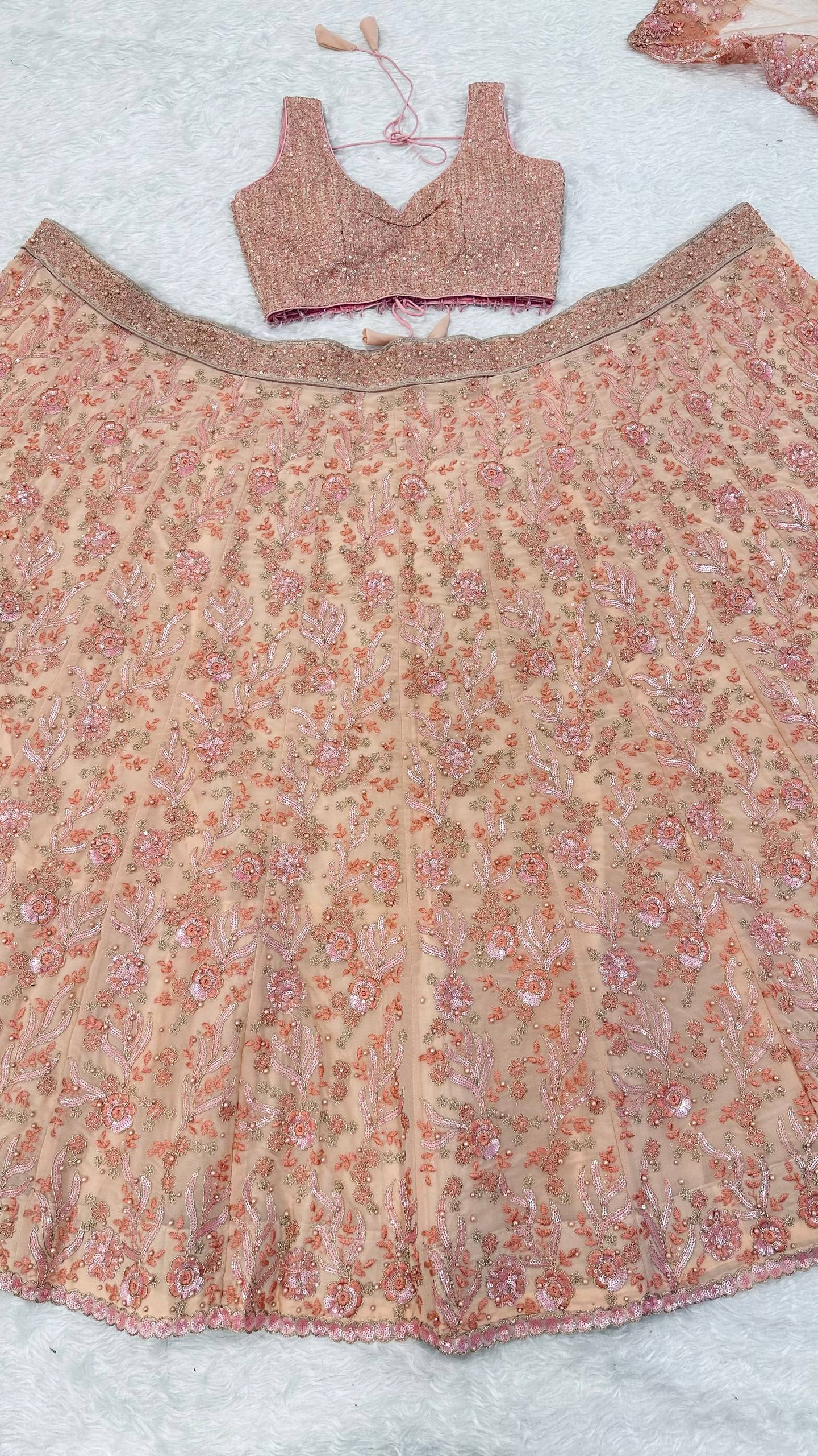 Pastel Peach Georgette Lehenga with Pearls, Sequins & Dori Work | Designer Wedding & Party Wear Choli Set