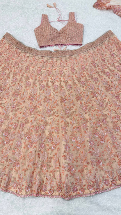 Pastel Peach Georgette Lehenga with Pearls, Sequins & Dori Work | Designer Wedding & Party Wear Choli Set