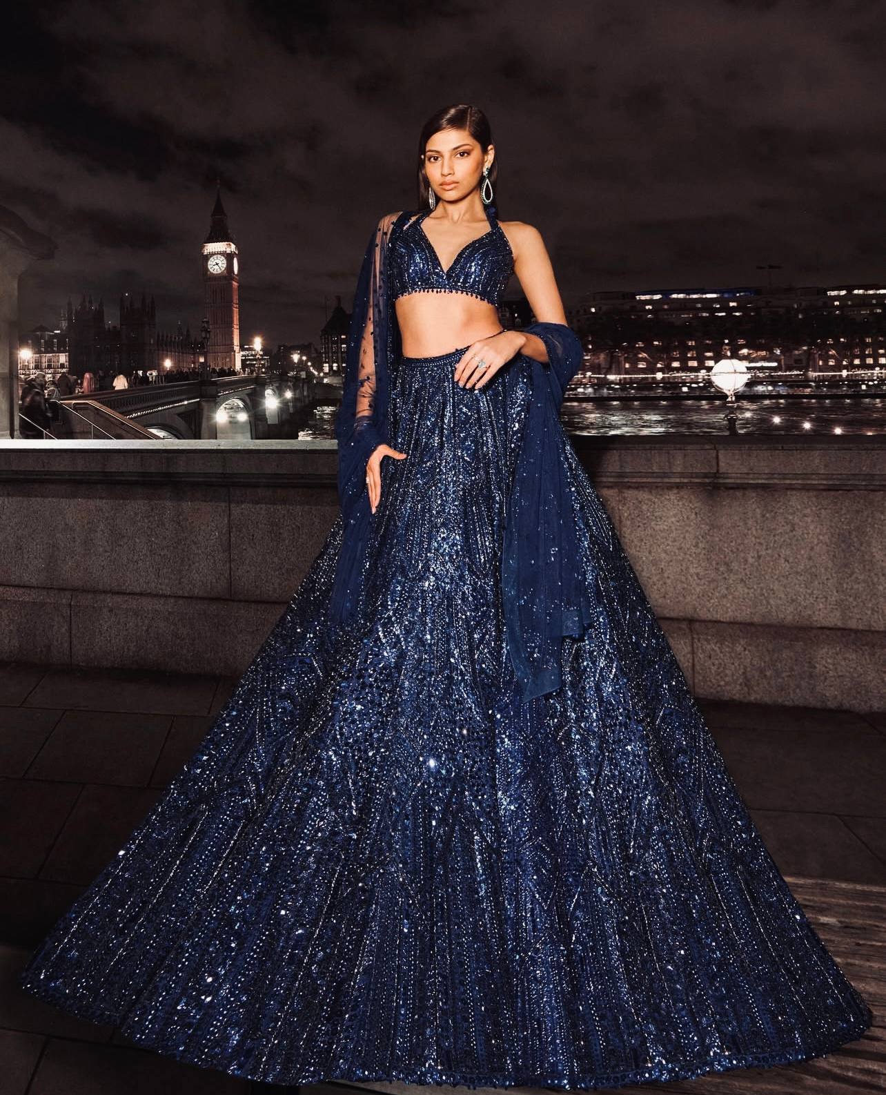 Navy Blue Net Sequin & Dori Work Lehenga Choli with Dupatta | Designer Party & Wedding Wear