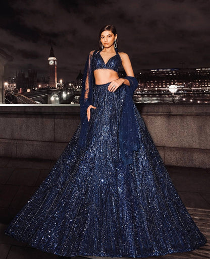 Navy Blue Net Sequin & Dori Work Lehenga Choli with Dupatta | Designer Party & Wedding Wear