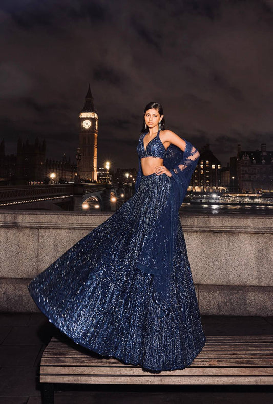 Navy Blue Net Sequin & Dori Work Lehenga Choli with Dupatta | Designer Party & Wedding Wear