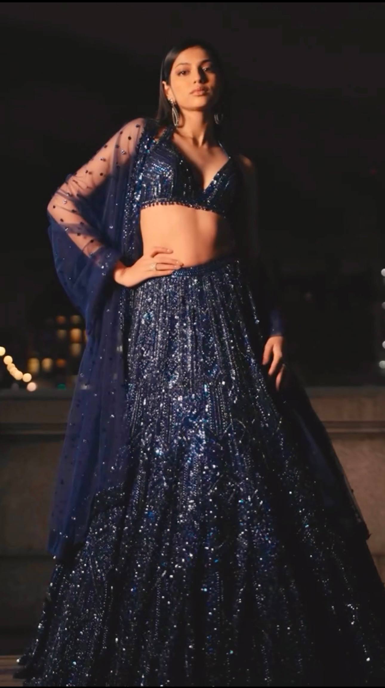 Navy Blue Net Sequin & Dori Work Lehenga Choli with Dupatta | Designer Party & Wedding Wear