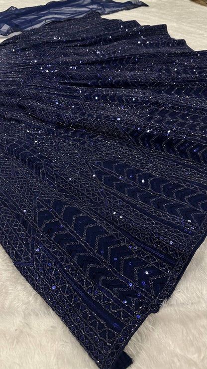 Navy Blue Net Sequin & Dori Work Lehenga Choli with Dupatta | Designer Party & Wedding Wear