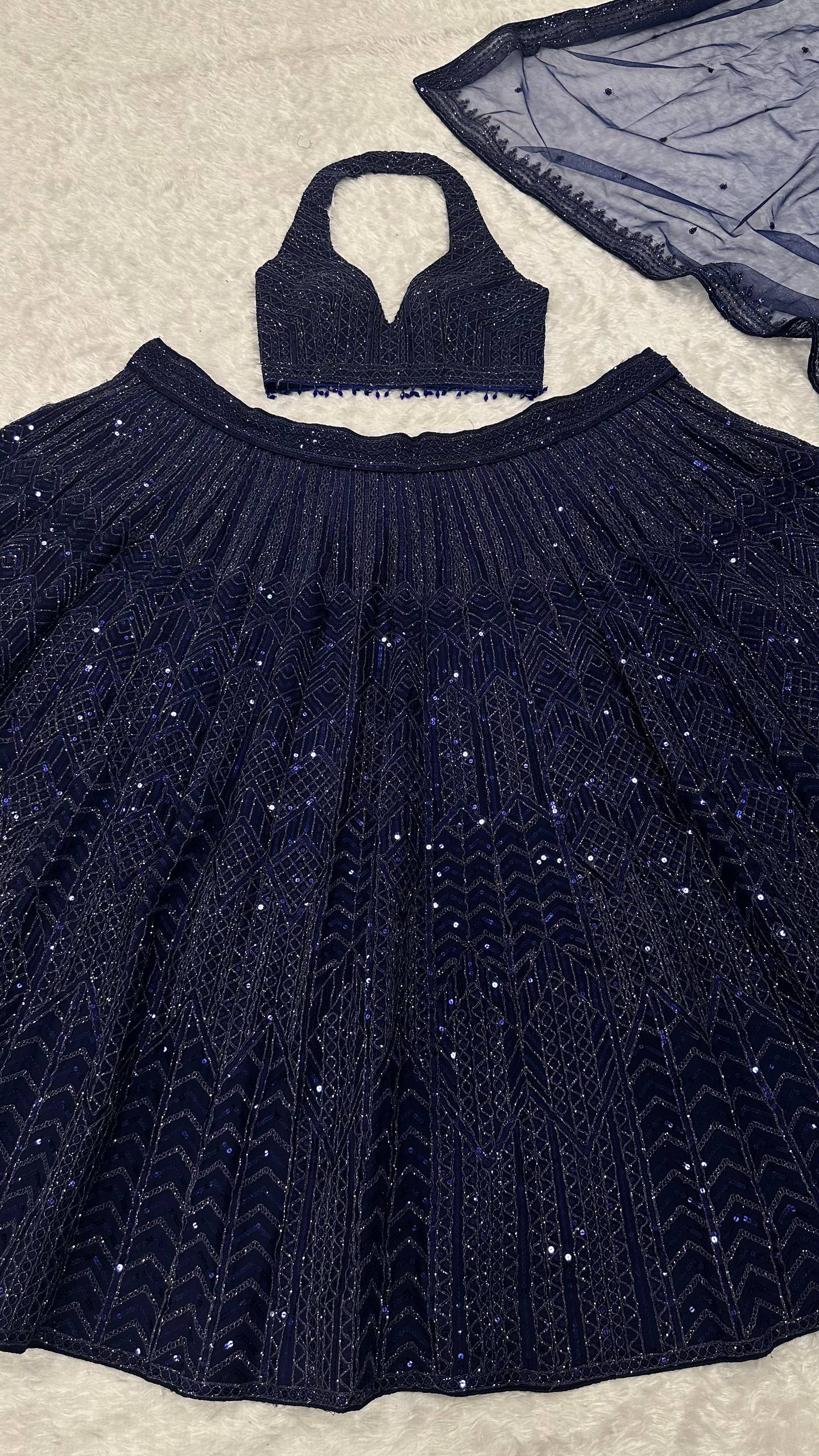 Navy Blue Net Sequin & Dori Work Lehenga Choli with Dupatta | Designer Party & Wedding Wear