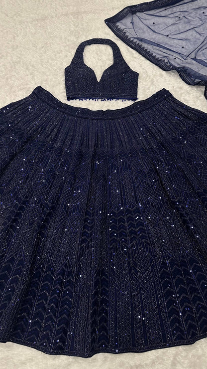Navy Blue Net Sequin & Dori Work Lehenga Choli with Dupatta | Designer Party & Wedding Wear