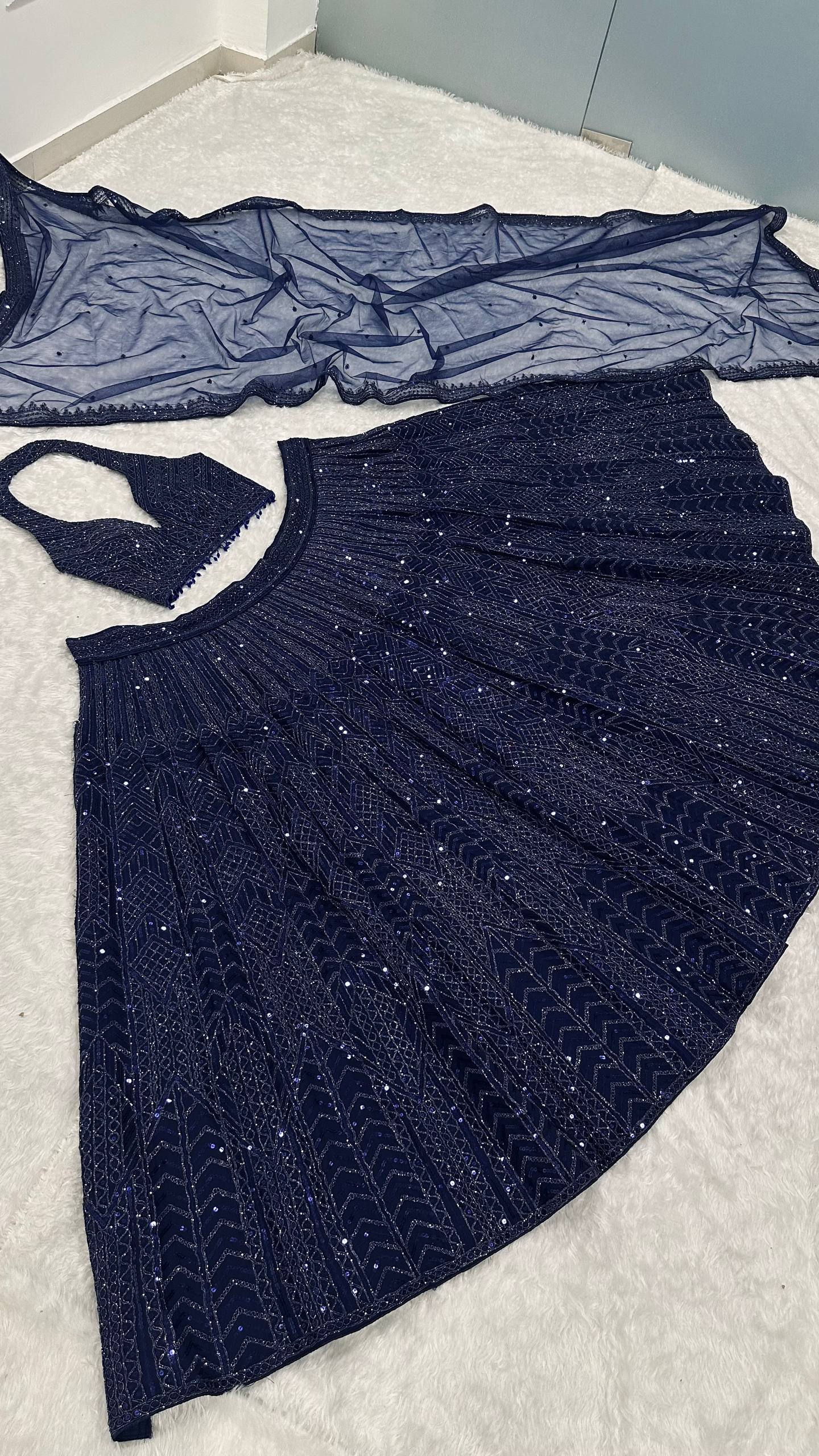 Navy Blue Net Sequin & Dori Work Lehenga Choli with Dupatta | Designer Party & Wedding Wear