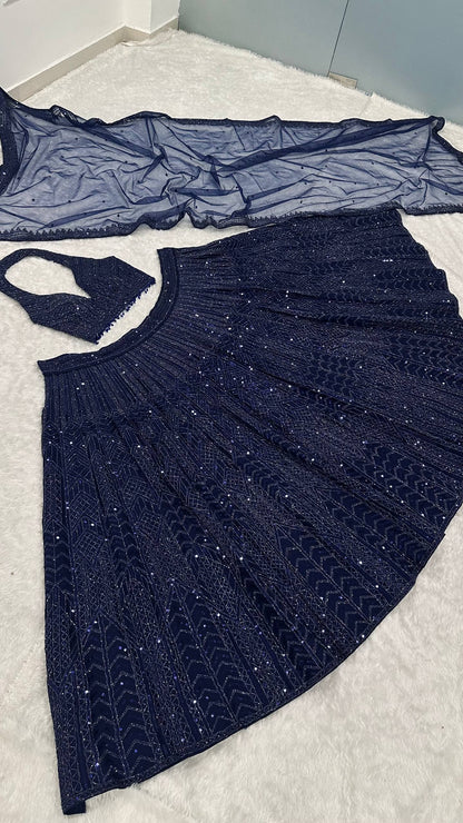Navy Blue Net Sequin & Dori Work Lehenga Choli with Dupatta | Designer Party & Wedding Wear