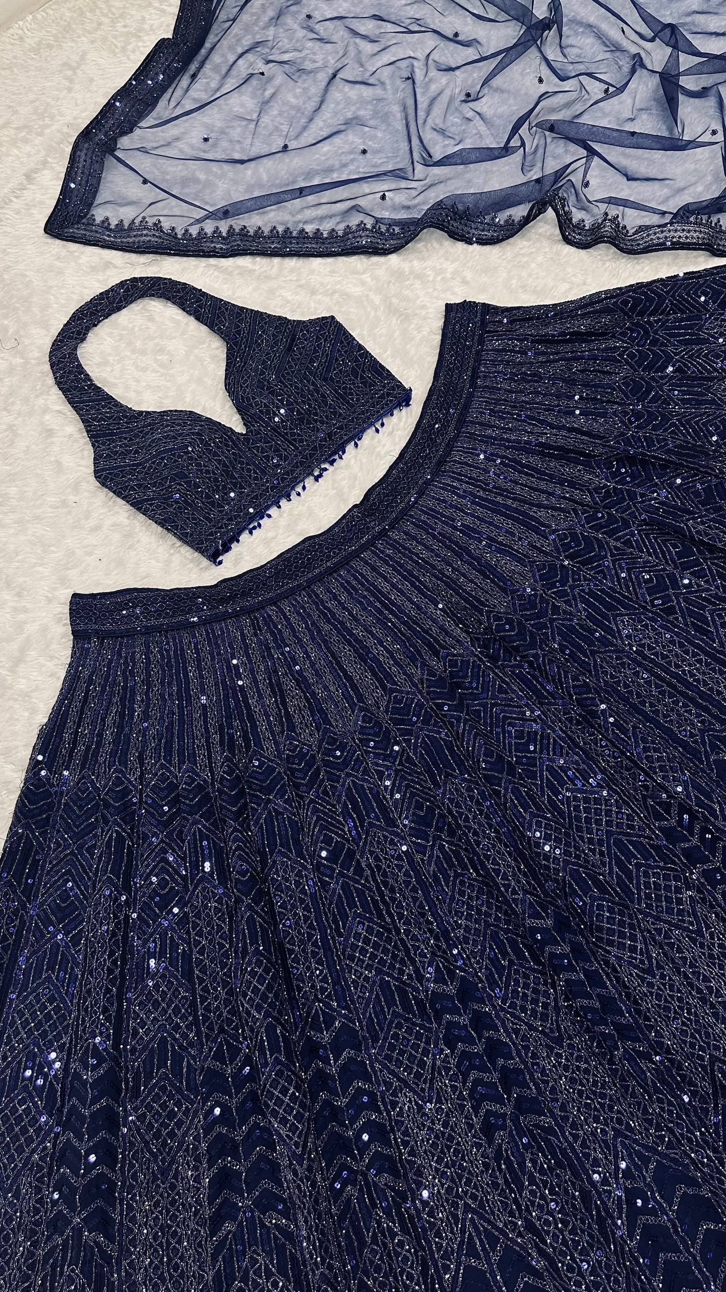 Navy Blue Net Sequin & Dori Work Lehenga Choli with Dupatta | Designer Party & Wedding Wear