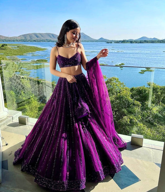 Purple Net Sequin & Dori Work Lehenga Choli with Dupatta | Party & Wedding Wear