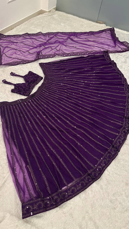 Purple Net Sequin & Dori Work Lehenga Choli with Dupatta | Party & Wedding Wear