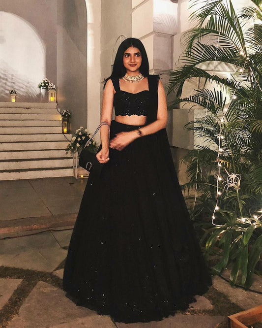 Black Georgette Lehenga with Sequins & Thread Work | Banglori Satin Blouse & Dupatta | Party Wear Lehenga Choli Set