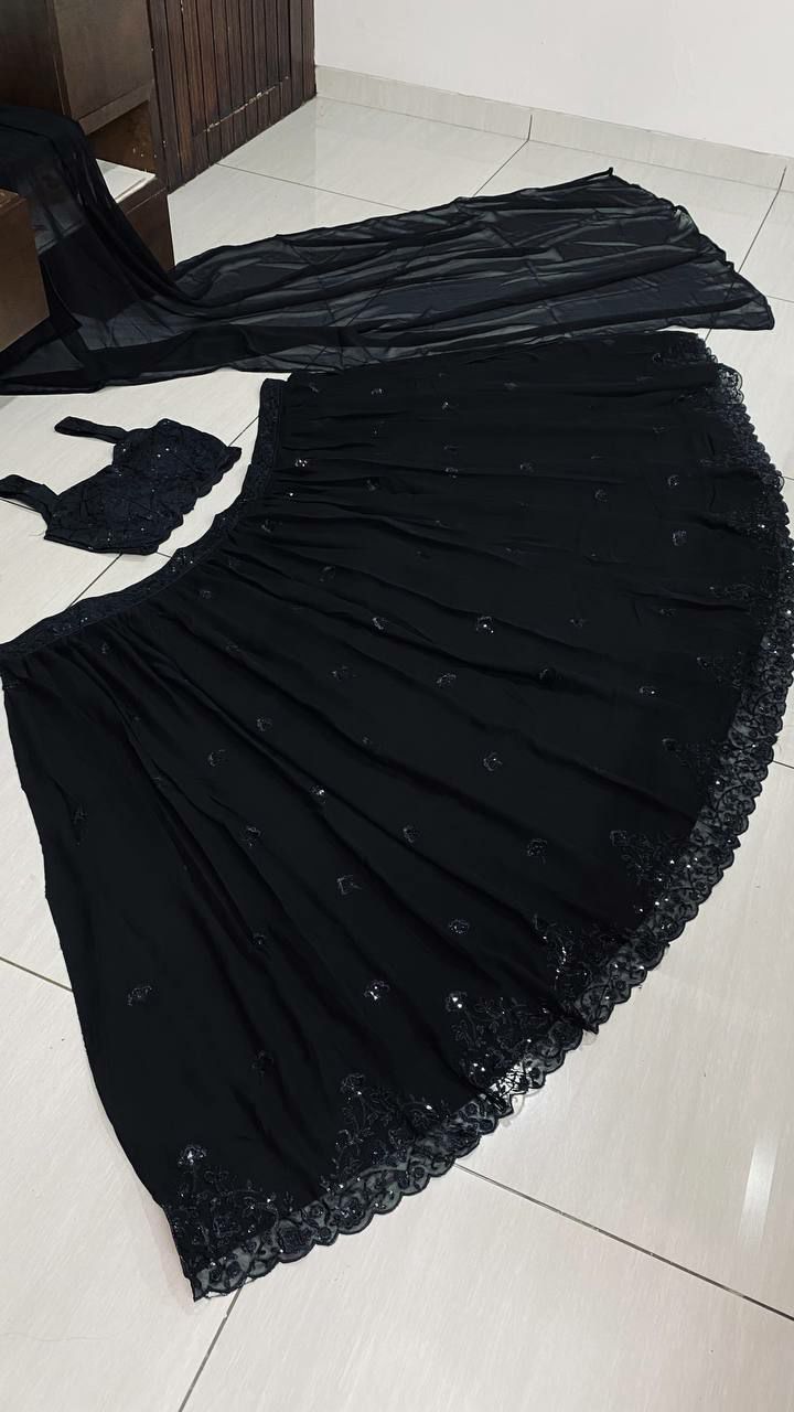 Black Georgette Lehenga with Sequins & Thread Work | Banglori Satin Blouse & Dupatta | Party Wear Lehenga Choli Set