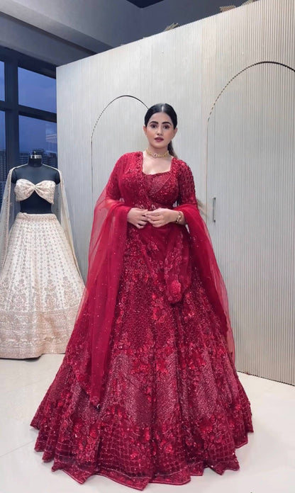 Maroon Net Hand-Embroidered Lehenga Choli with Sequins, Dori & Pearl Work | Bridal & Party Wear