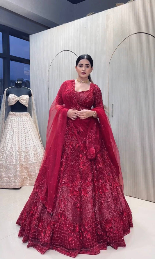 Maroon Net Hand-Embroidered Lehenga Choli with Sequins, Dori & Pearl Work | Bridal & Party Wear