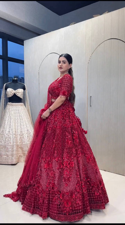 Maroon Net Hand-Embroidered Lehenga Choli with Sequins, Dori & Pearl Work | Bridal & Party Wear
