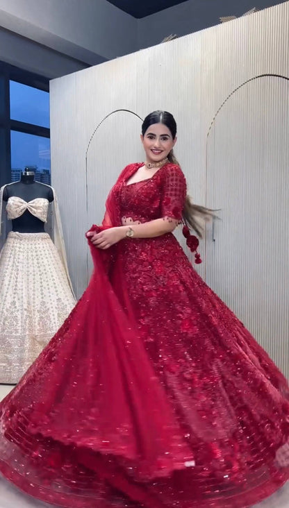 Maroon Net Hand-Embroidered Lehenga Choli with Sequins, Dori & Pearl Work | Bridal & Party Wear