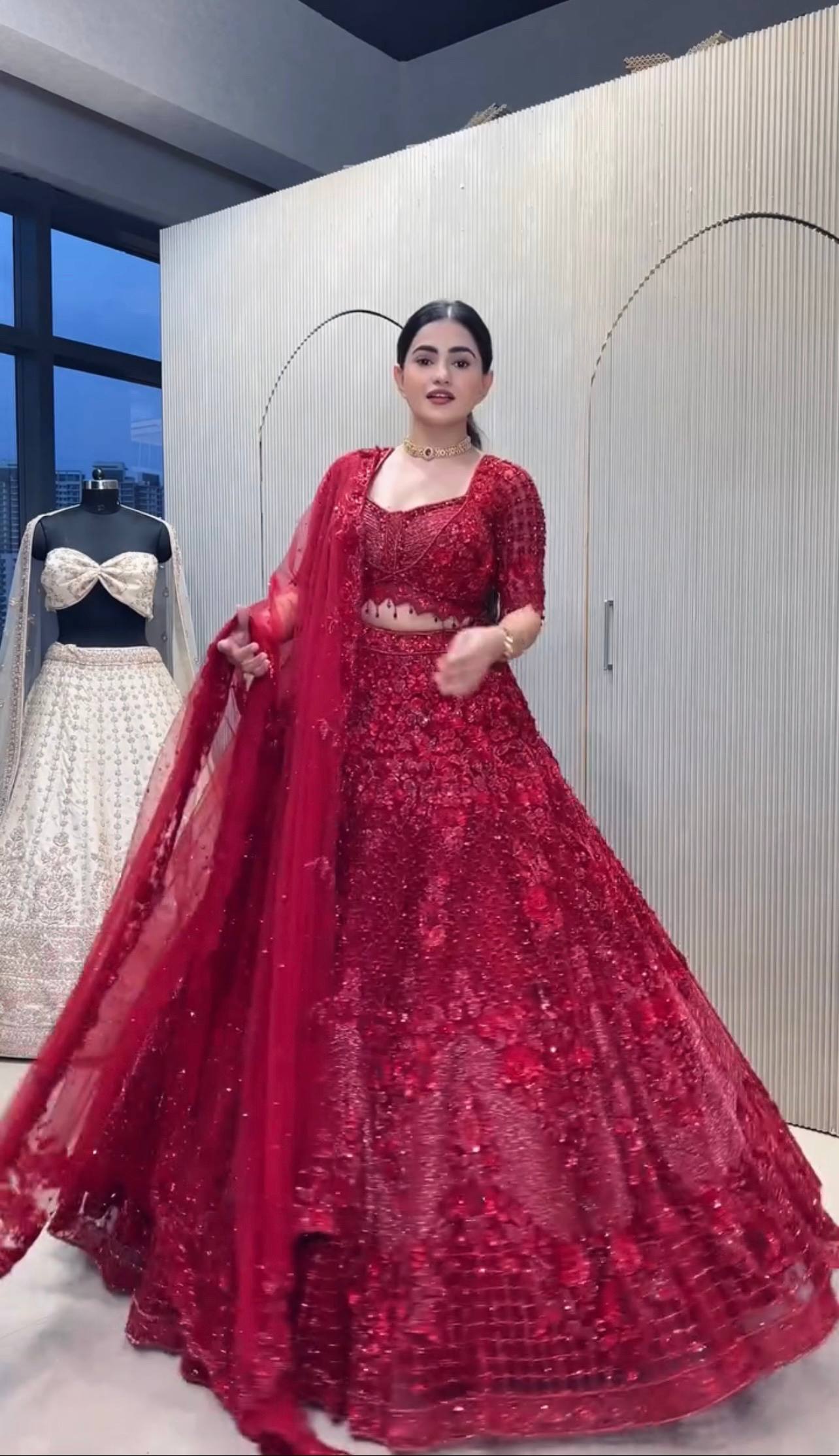 Maroon Net Hand-Embroidered Lehenga Choli with Sequins, Dori & Pearl Work | Bridal & Party Wear