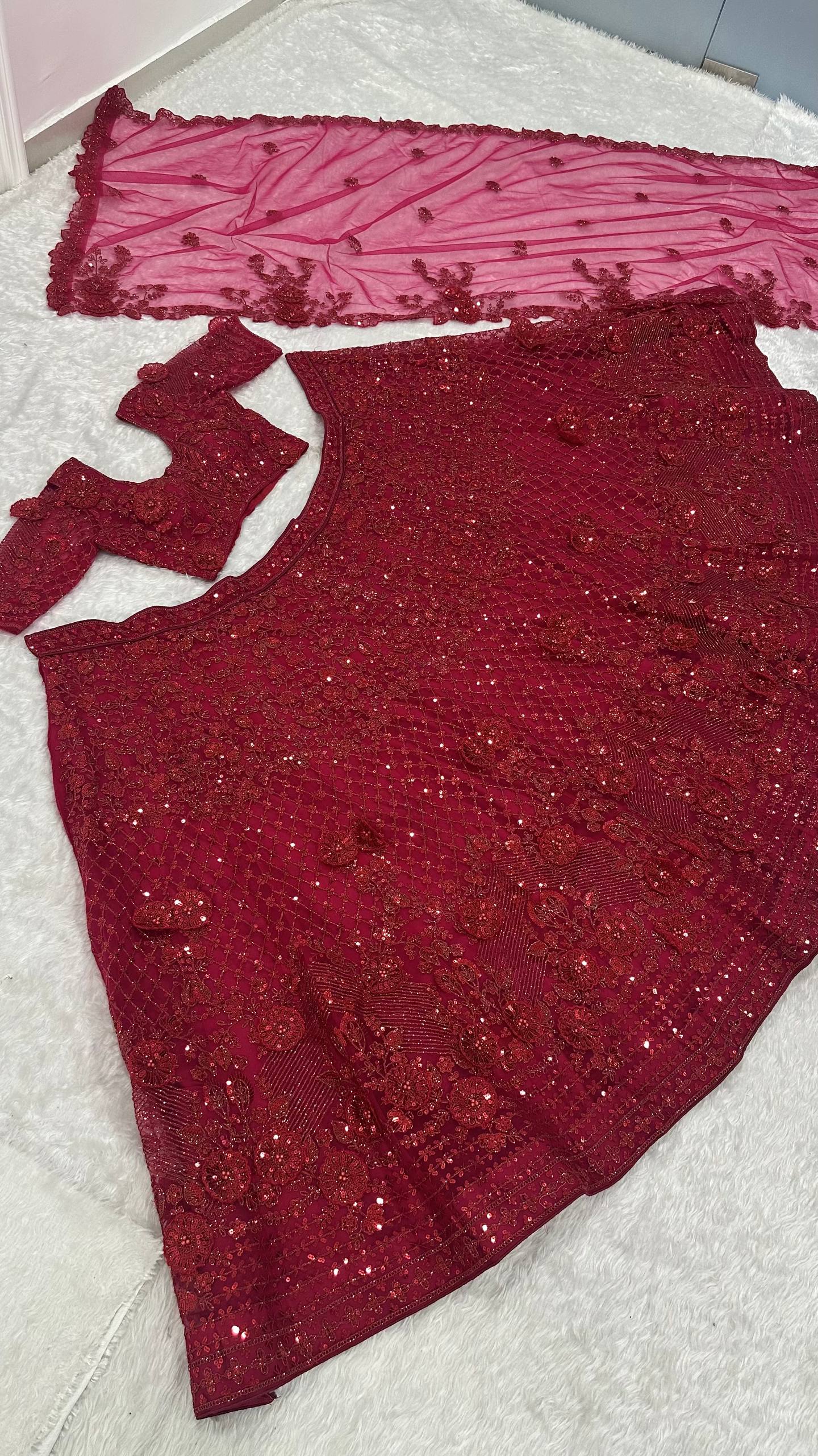 Maroon Net Hand-Embroidered Lehenga Choli with Sequins, Dori & Pearl Work | Bridal & Party Wear