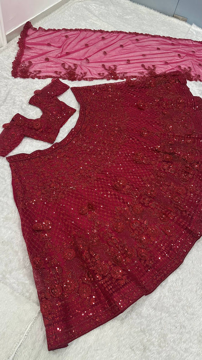 Maroon Net Hand-Embroidered Lehenga Choli with Sequins, Dori & Pearl Work | Bridal & Party Wear