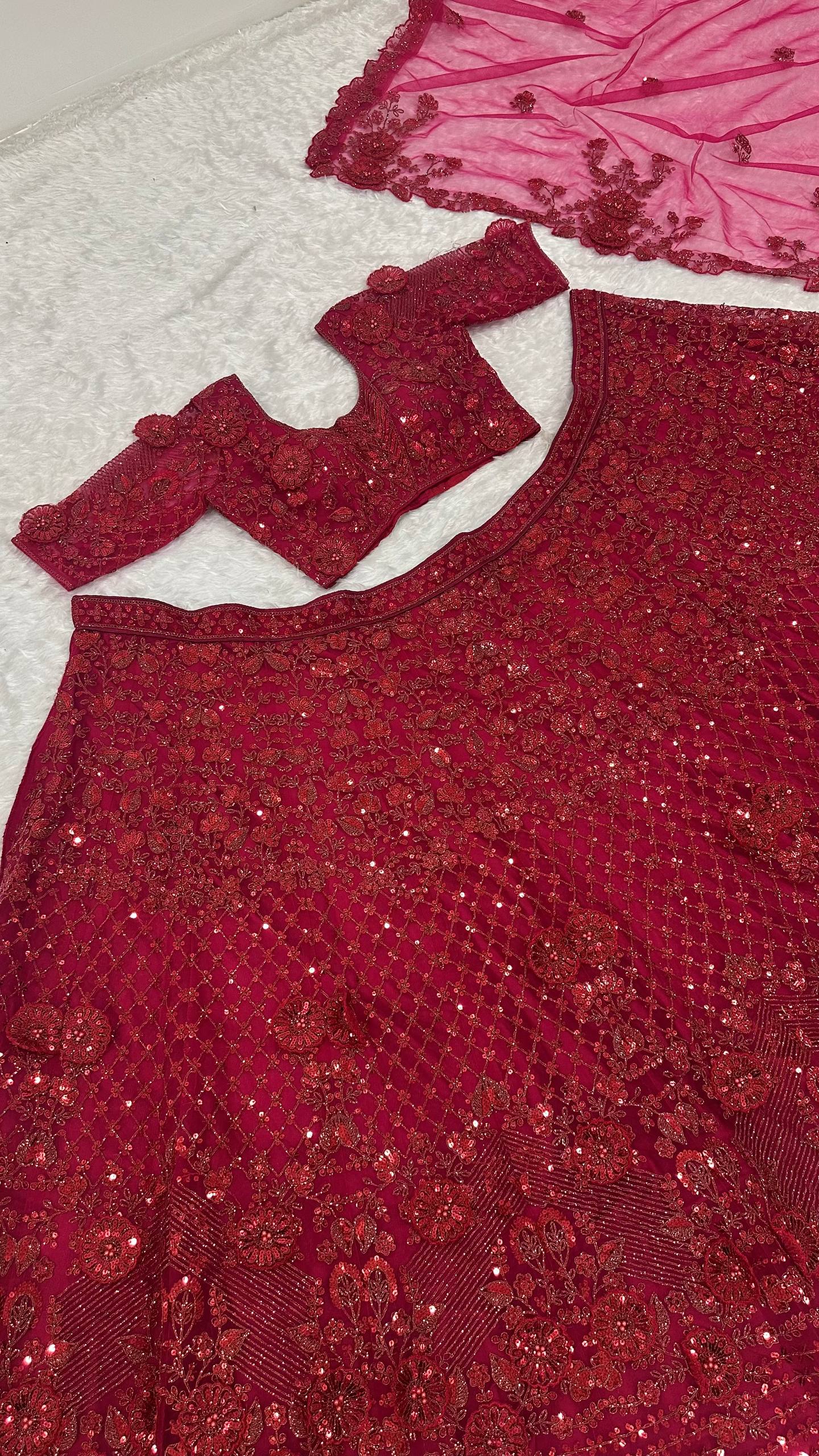 Maroon Net Hand-Embroidered Lehenga Choli with Sequins, Dori & Pearl Work | Bridal & Party Wear