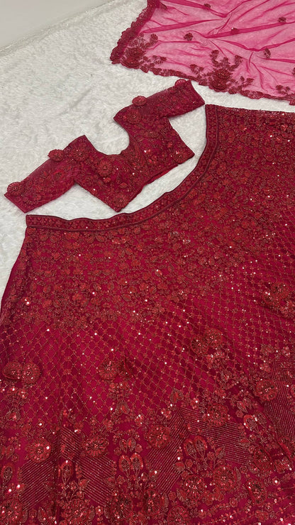 Maroon Net Hand-Embroidered Lehenga Choli with Sequins, Dori & Pearl Work | Bridal & Party Wear