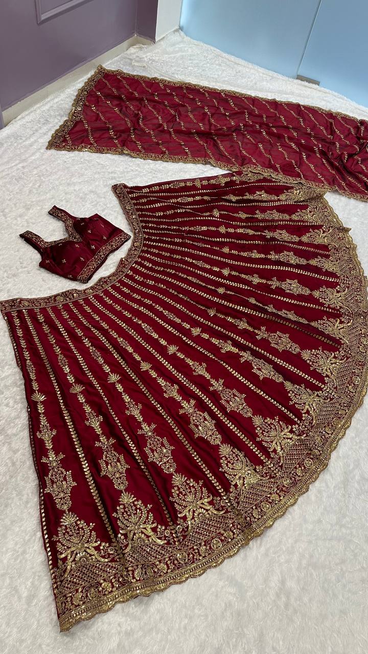 Kasturi Silk Lehenga Choli with Zari, Sequins & Dori Work – Bridal & Party Wear