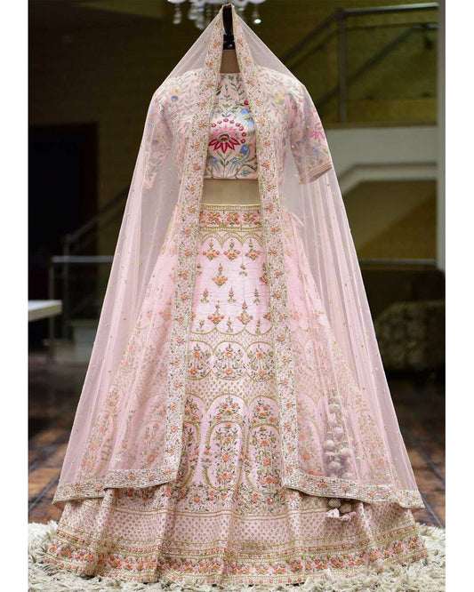 Baby Pink Silk Lehenga Choli Set with Sequins & Thread Embroidery | Made To Measure Wedding Wear