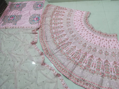 Baby Pink Silk Lehenga Choli Set with Sequins & Thread Embroidery | Made To Measure Wedding Wear