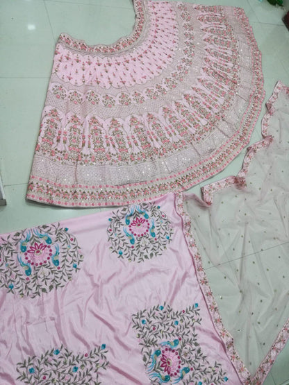 Baby Pink Silk Lehenga Choli Set with Sequins & Thread Embroidery | Made To Measure Wedding Wear