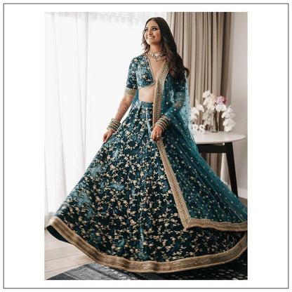 Bottle Green Velvet Lehenga Choli Set with Sequin & Zari Embroidery | made To mMeasure Bridal Wear