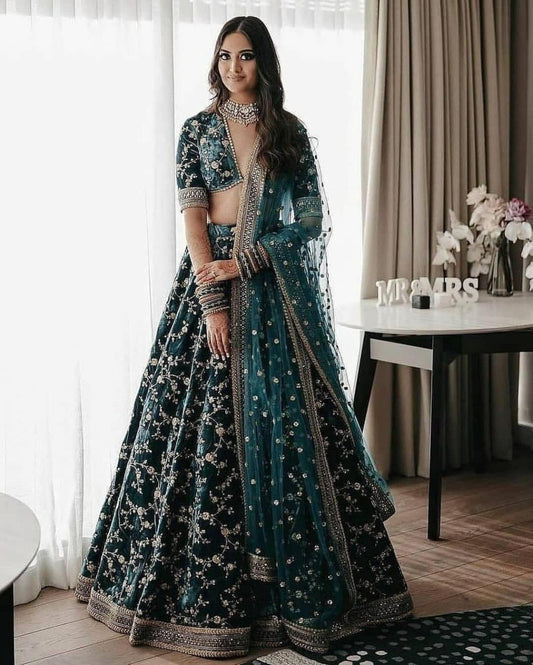 Bottle Green Velvet Lehenga Choli Set with Sequin & Zari Embroidery | made To mMeasure Bridal Wear
