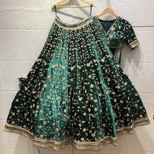 Bottle Green Velvet Lehenga Choli Set with Sequin & Zari Embroidery | made To mMeasure Bridal Wear (Copy)
