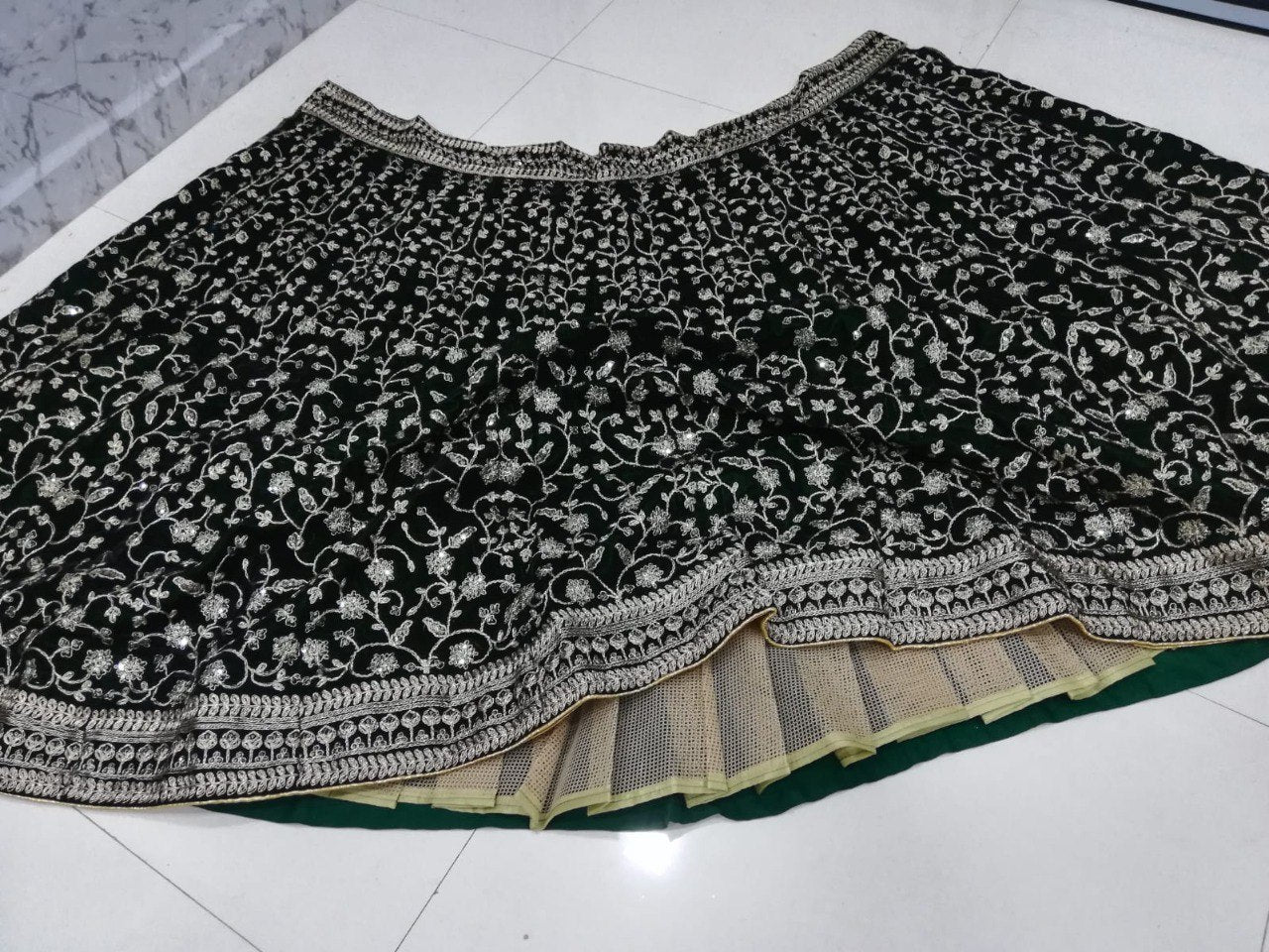 Bottle Green Velvet Lehenga Choli Set with Sequin & Zari Embroidery | made To mMeasure Bridal Wear (Copy)