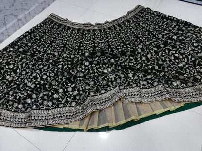 Bottle Green Velvet Lehenga Choli Set with Sequin & Zari Embroidery | made To mMeasure Bridal Wear (Copy)